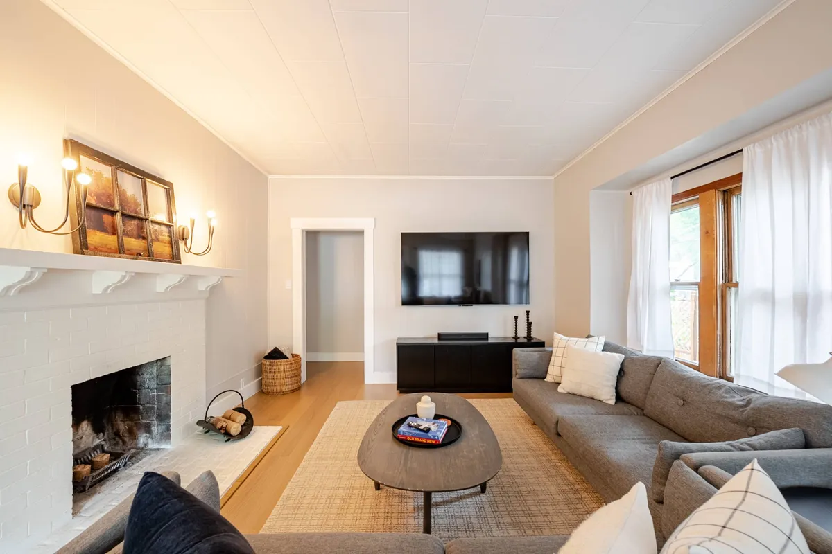 Manito Bungalow living room with gas fireplace